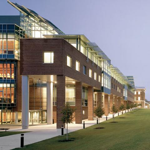 Center for Biotechnology and Interdisciplinary Studies building lit at night