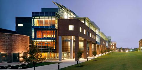 Center for Biotechnology & Interdisciplinary Studies building lit at night